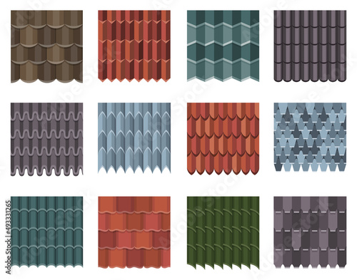 Seamless tile roof set. Textured patterns of repeat ceramic rooftop. Clay tiles textures of house covering. Shingles illustration