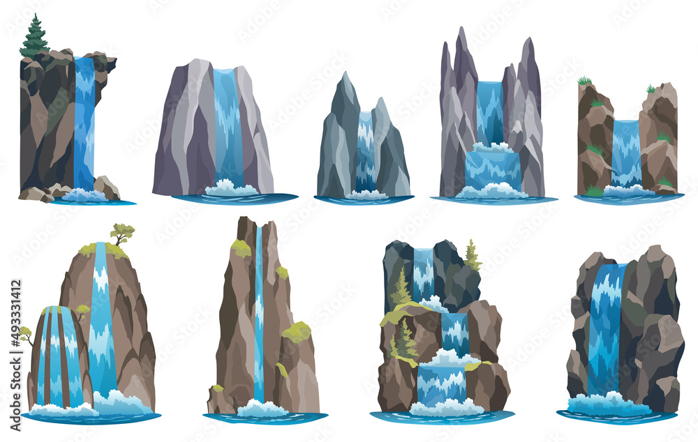 Waterfalls set. Cartoon landscapes with mountains and tree. River falls from cliff on white background. Picturesque tourist attraction with clear water