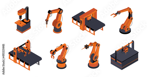 Set of robotic hand. Stickers with modern mechanical equipment for manufacturing, factories and industry. Design elements for website. Cartoon isometric collection isolated on white background