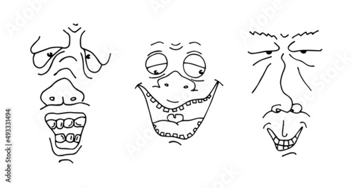 Ugly man face drawing sketch set. Hand drawn outline doodle cartoon freak character grimace collection. Different crazy person portrait avatars. Vector eps isolated illustration