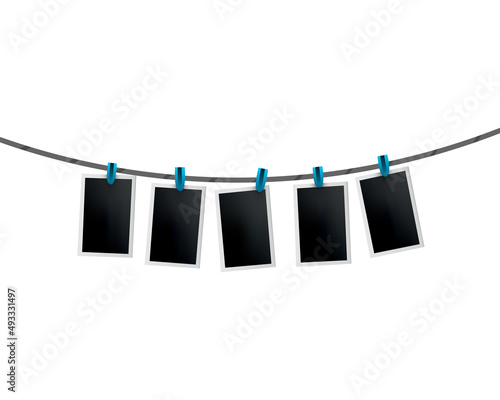 Photo frames hanged on rope. Retro instant photos on thread. Card frame image mockup, vector set. Icon design template. Remember the moment