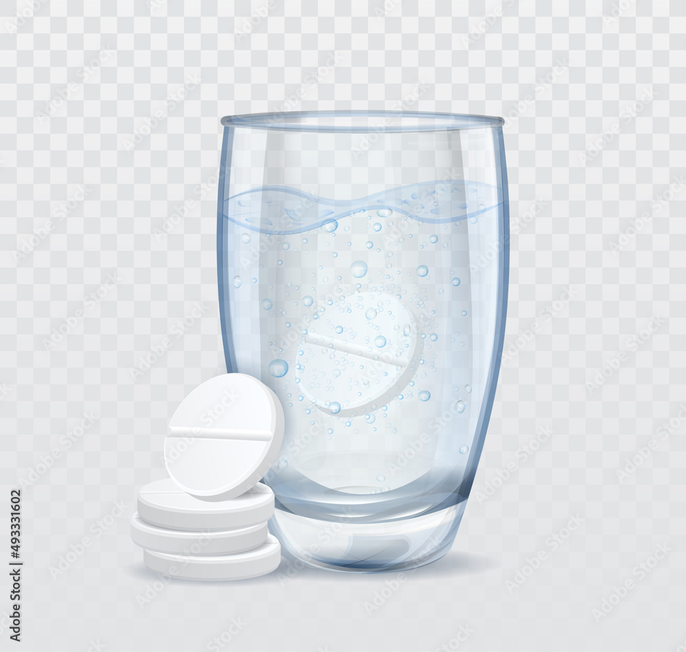 Tablet dissolving in fizzy water concept. Glass glass with solution of
