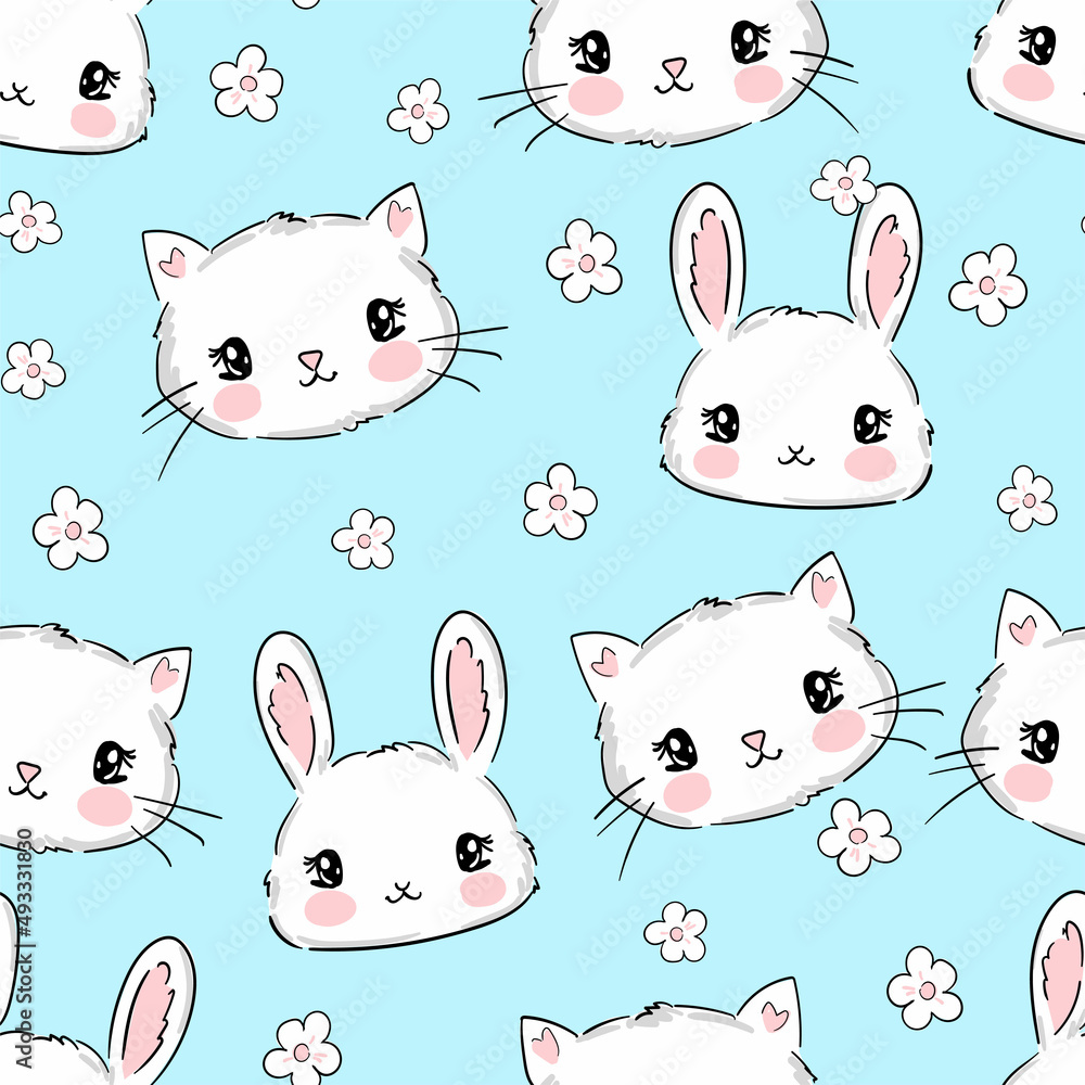 Seamless pattern cute cat and bunny with daisy flowers vector illustration childish design print