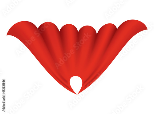 Superhero red cape. Scarlet fabric silk cloak in top view. Carnival masquerade dress, realistic costume design. Flying Mantle costume