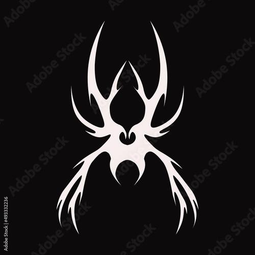 Abstract tattoo spider sketch. Artistic death metal logo design. Black illustration in Metalcore style on a black background.