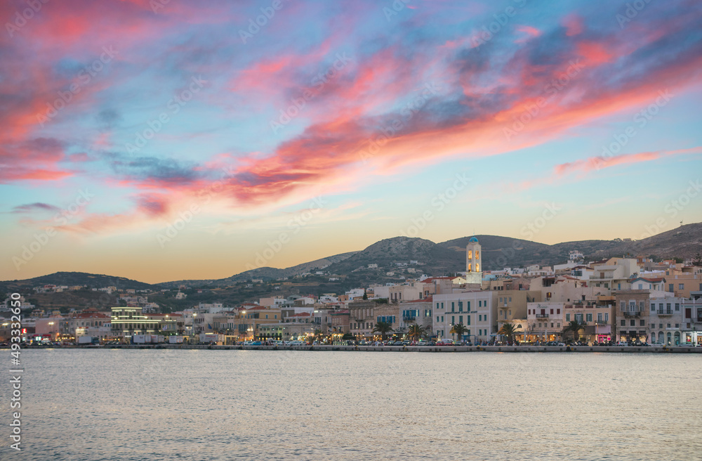 Fototapeta premium Travel to Ermoupolis, Syros where Greek island of Siros has a unique Venetian architectural, Byzantine and Roman architecture having blended in harmoniously Syra of the Cyclades wonderful holiday
