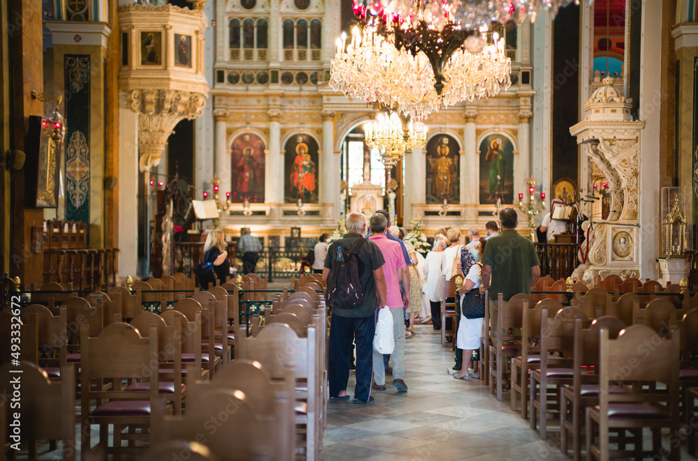 Sunday Mass, a religious service inside the Orthodox Church in Greece