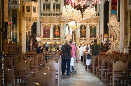 Sunday Mass, a religious service inside the Orthodox Church in Greece