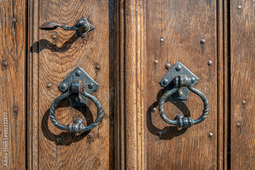 Closeup of the door fittings of a centuries-old Dutch church.