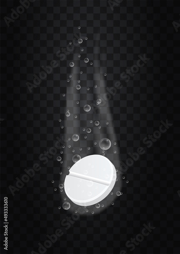 Round Tablet with bubbles concept. Effervescent tablet falling into fizzy water and dissolving. Medicinal product for treatment of diseases and headaches. Cartoon realistic vector illustration