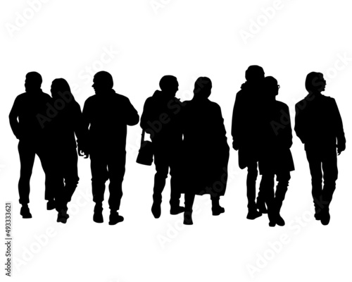 Big crowds people on street. Isolated silhouette on a white background