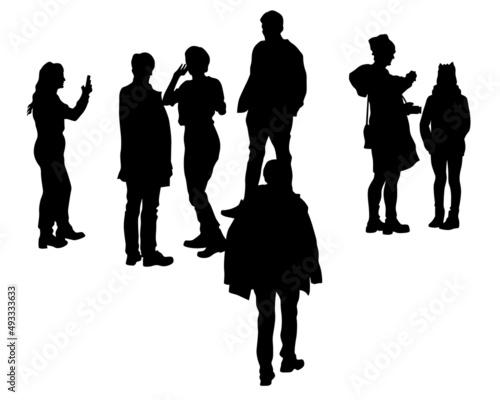 Big crowds people on street. Isolated silhouette on a white background