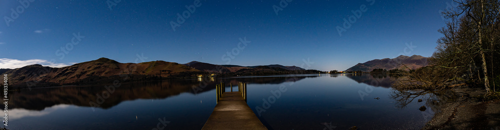 A Panoramic view of Derwentwater in the English Lake District on a moonlit night.
