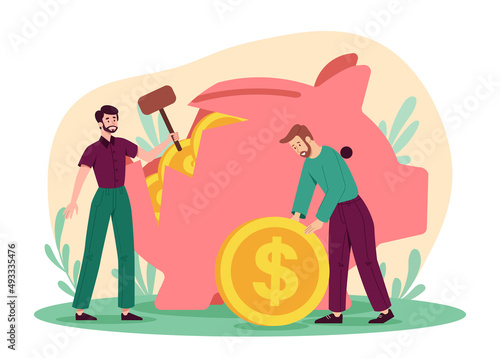 Finance Problems Concept. Young men save money or invest deposit. Entrepreneurs break piggy bank with hammer and use gold coins. Economic crisis. Cartoon contemporary flat vector illustration