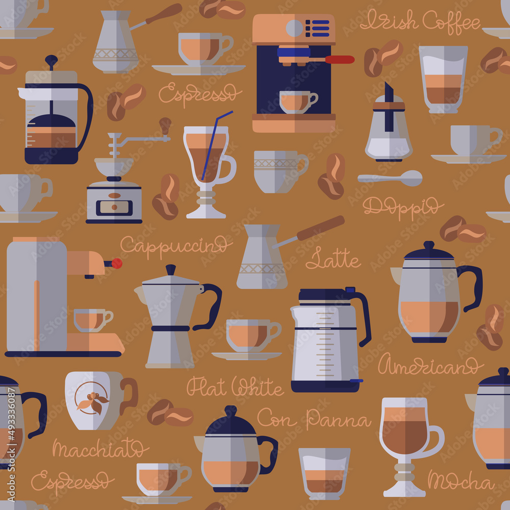 Coffee Time seamless pattern. Coffee equipment icons and words. Vector. Coffee Time seamless pattern. Coffee equipment icons and words. Vector.