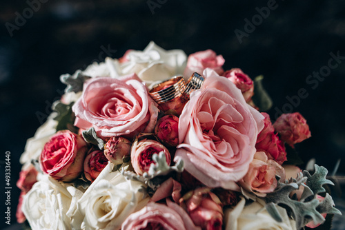 wedding bouquet of roses ring merried nature beautiful pink rich