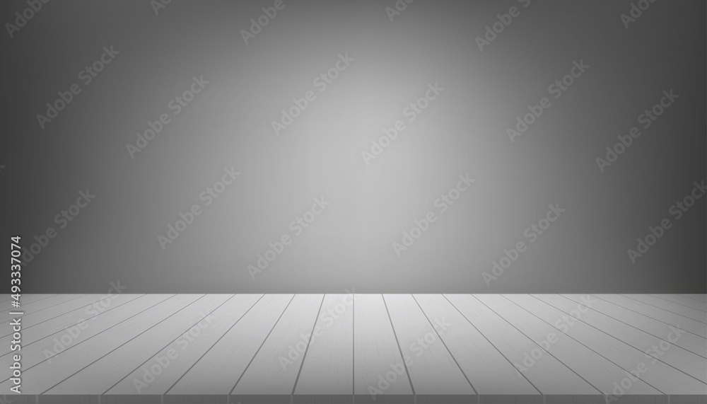 Studio room with wooden panel in dark grey wall background.Vector  indoors interior room gray floor with light and shadow on wall boards. Empty room in retro style design for vintage house concept