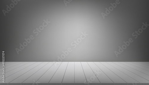 Studio room with wooden panel in dark grey wall background.Vector  indoors interior room gray floor with light and shadow on wall boards. Empty room in retro style design for vintage house concept