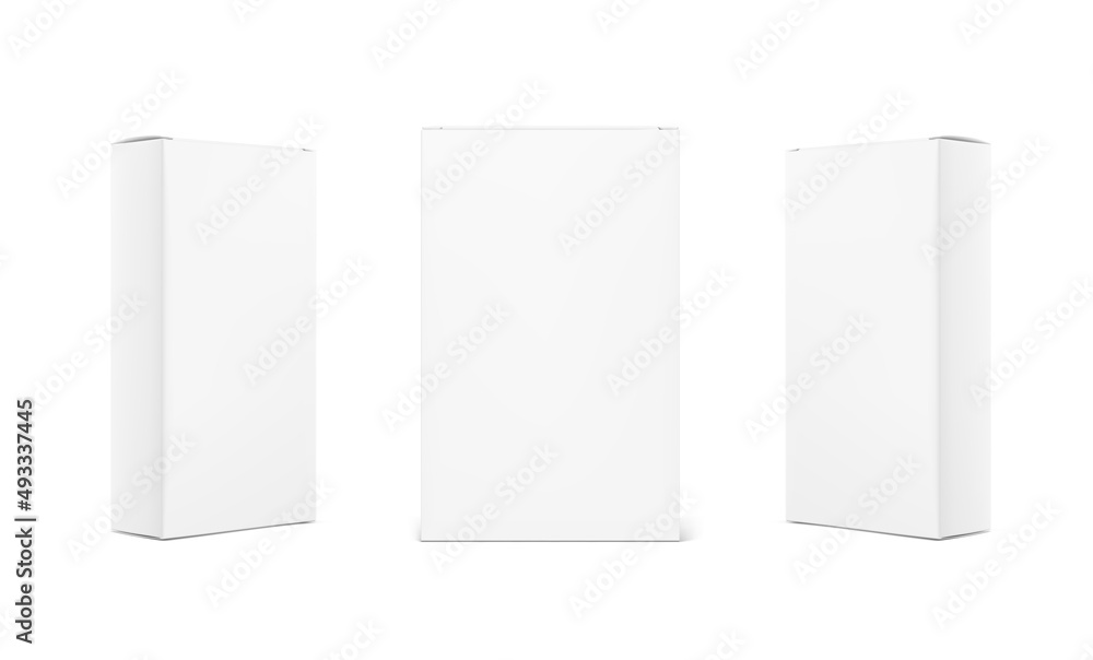 Realistic cardboard boxes mockup set. Front and perspective views. Vector illustration isolated on white background. Can be use for food, medicine, cosmetic and etc. Ready for your design. EPS10. Realistic cardboard boxes mockup set. Front and perspective views. Vector illustration isolated on white background. Can be use for food, medicine, cosmetic and etc. Ready for your design. EPS10.