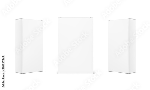 Realistic cardboard boxes mockup set. Front and perspective views. Vector illustration isolated on white background. Can be use for food, medicine, cosmetic and etc. Ready for your design. EPS10.	
