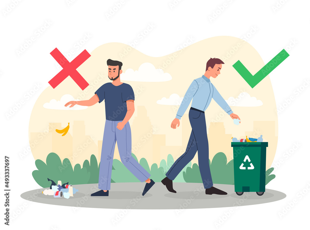 Littering behavior concept. Example of correct and incorrect garbage disposal. Sorting and recycling of trash or environmental pollution. Infographics for printing. Cartoon flat vector illustration