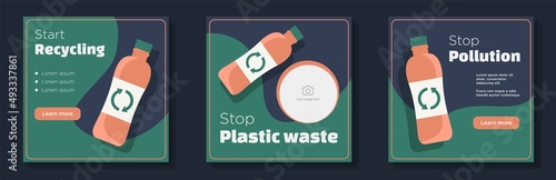 Retro style plastic recycling social media post, banner set, vintage plastic waste business advertisement concept, stop pollution marketing square ad, abstract print, isolated