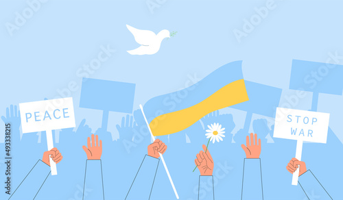 No war in Ukraine vector poster. People raising hands as demonstration act. Save Ukraine, Stop War. photo