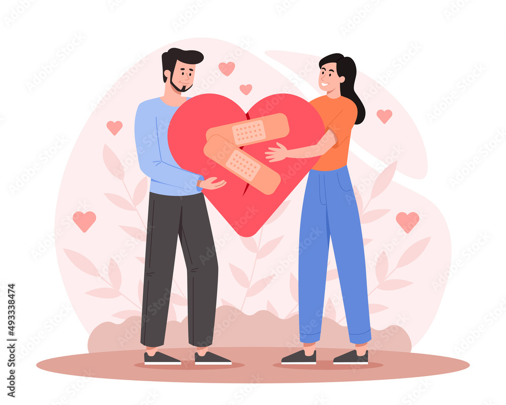 Forgiveness for preservation of relationships. Couple holds broken heart and seals it with plaster. Man and woman love each other and save marriage from divorce. Cartoon flat vector illustration