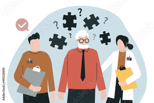 Elderly suffering from alzheimer disease. Alzheimer and dementia concept. Grandfather suffering from brain disease, memory loss. Neurology therapy