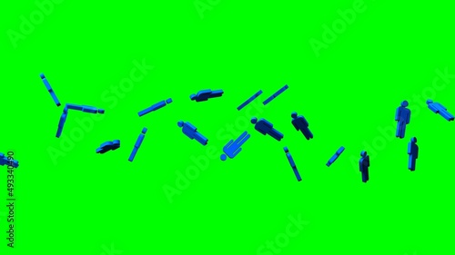 Blue human shaped objects on green chroma key background. 3D illustration for background.