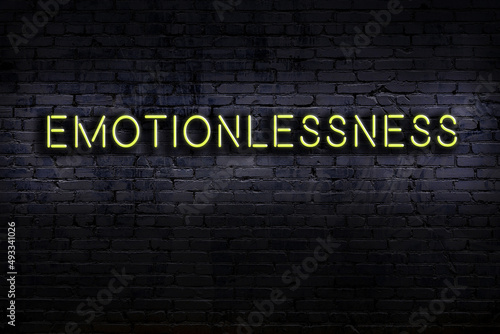 Night view of neon sign on brick wall with inscription emotionlessness photo