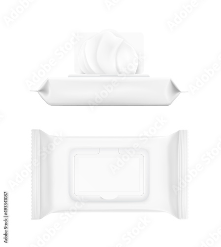 Realistic wet wipes mockups. Vector illustration isolated on white background. Can be use for your design, promo, adv and etc. Possibility for food, pharmaceutical, cosmetic. EPS10.	