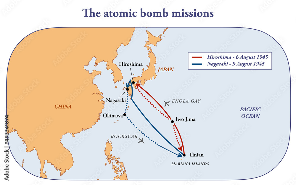 Flight map of the atomic bomb missions in Hiroshima and Nagasaki in ...