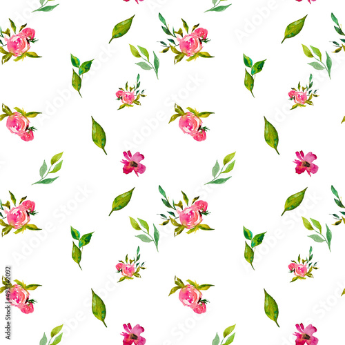 Watercolor seamless floral colorful pattern on a white background Design of fabric  textile  wallpaper  gift and wrapping paper  card design Modern flowers and plants. Pink rose with  green leafs