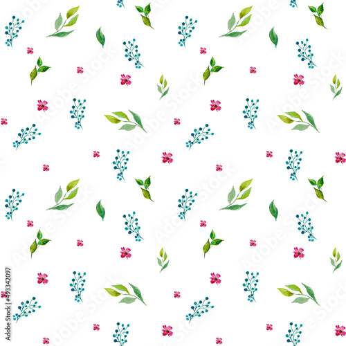 Watercolor seamless floral colorful pattern on a white background Design of fabric, textile, wallpaper, gift and wrapping paper, card design green branch with little Pink flowers