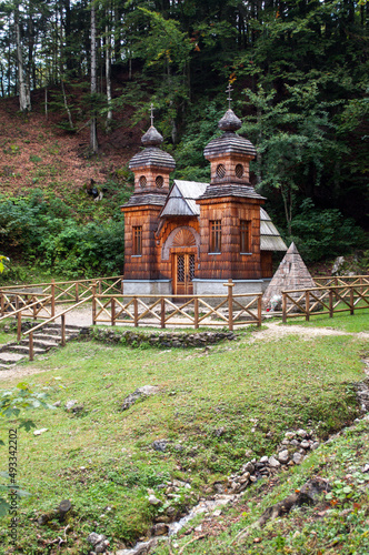 Old wooden russian church in Slovenia in the mountains above the town of Kranjska Gora.