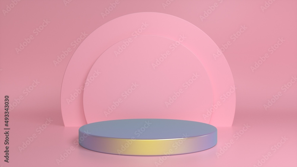 Colorful podium, pedestal on a pink background. Blank showcase mockup with empty round stage. Abstract geometry background. Stage for advertising product display with copy space. 3d render Colorful podium, pedestal on a pink background. Blank showcase mockup with empty round stage. Abstract geometry background. Stage for advertising product display with copy space. 3d render