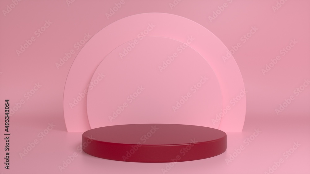 Red glossy podium, pedestal on a pink background. Blank showcase mockup with empty round stage. Abstract geometry background. Stage for advertising product display with copy space. 3d render Red glossy podium, pedestal on a pink background. Blank showcase mockup with empty round stage. Abstract geometry background. Stage for advertising product display with copy space. 3d render