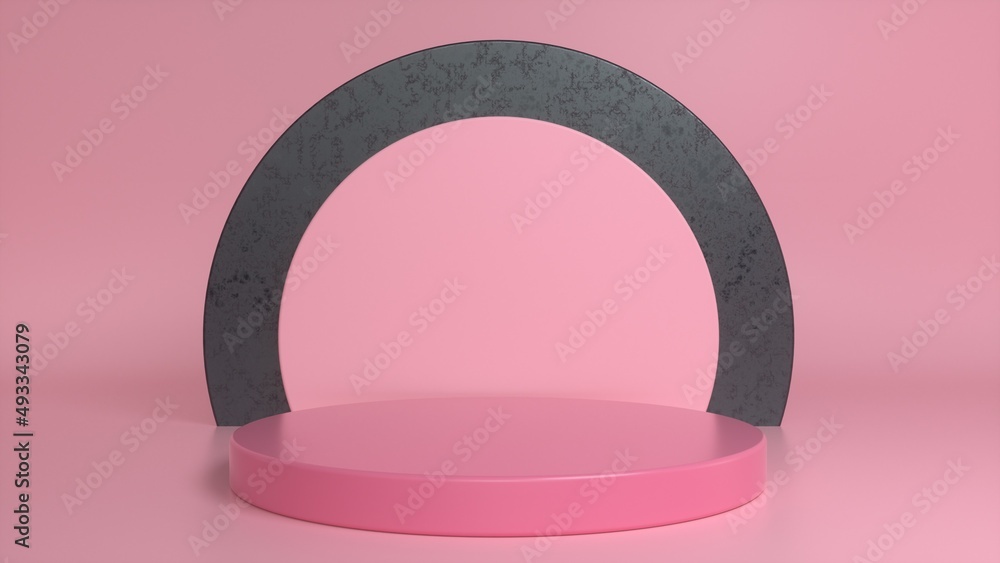 Pink podium, pedestal on a pink rough black background. Blank showcase mockup with empty round stage. Abstract geometry background. Stage for advertising product display with copy space. 3d render Pink podium, pedestal on a pink rough black background. Blank showcase mockup with empty round stage. Abstract geometry background. Stage for advertising product display with copy space. 3d render