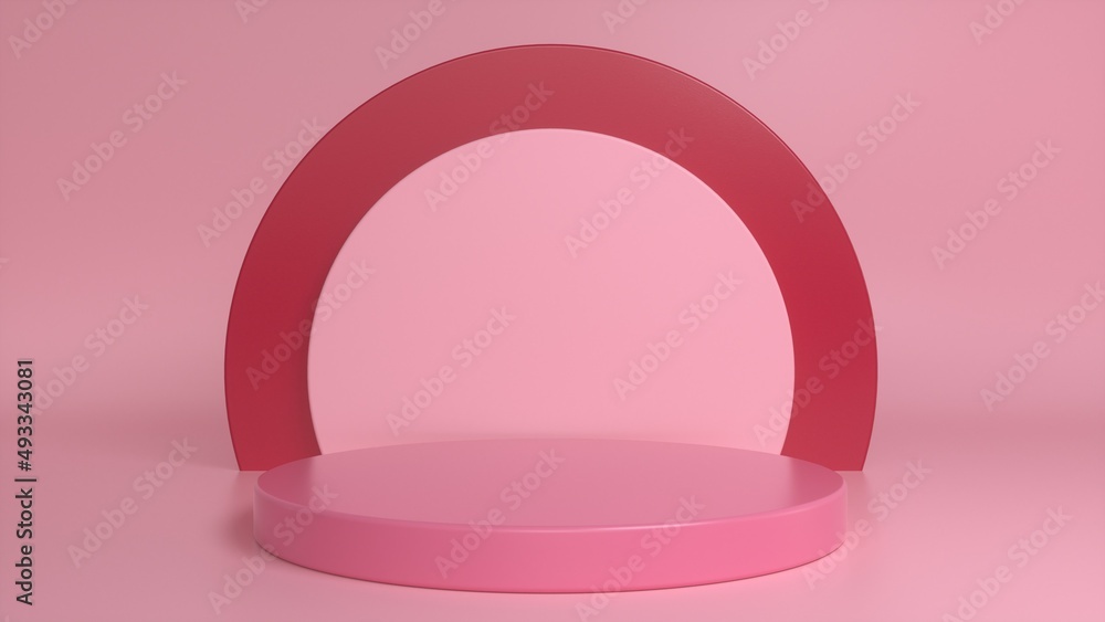 Pink podium, pedestal on a pink red background. Blank showcase mockup with empty round stage. Abstract geometry background. Stage for advertising product display with copy space. 3d render Pink podium, pedestal on a pink red background. Blank showcase mockup with empty round stage. Abstract geometry background. Stage for advertising product display with copy space. 3d render