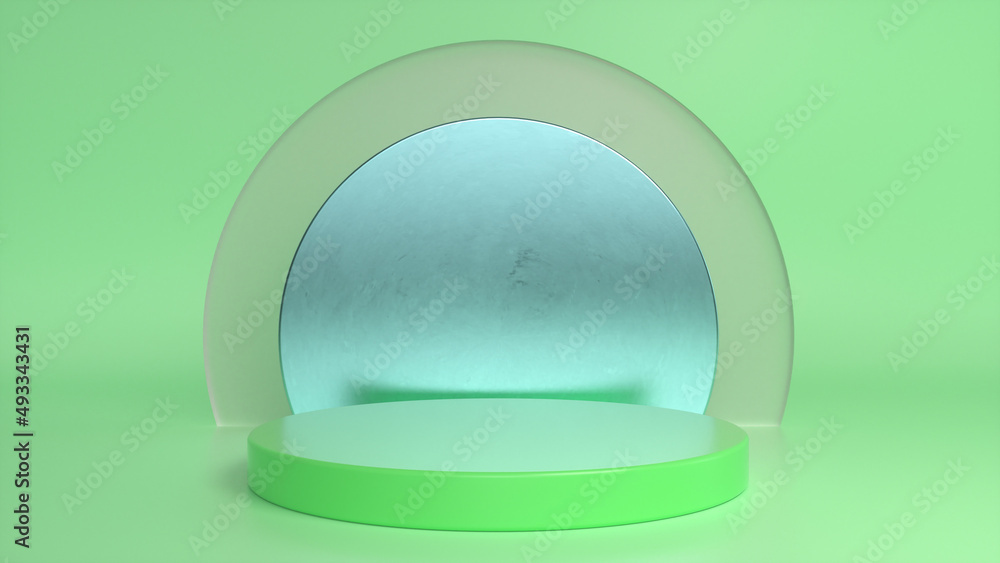 Green glossy podium, pedestal on green glass background. Blank showcase mockup with empty round stage. Abstract geometry background. Stage for advertising product display with copy space. 3d render