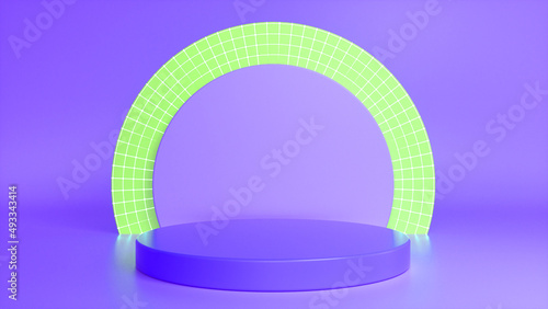 Purple glossy podium, pedestal on purple green background. Blank showcase mockup with empty round stage. Abstract geometry background. Stage for advertising product display with copy space.3d render © MIKHAIL