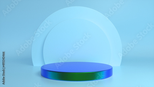 Colorful glossy podium  pedestal on blue background. Blank showcase mockup with empty round stage. Abstract geometry background. Stage for advertising product display with copy space. 3d render