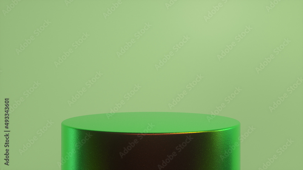 Green glossy podium, pedestal on green background. Blank showcase mockup with empty round stage. Abstract geometry background. Stage for advertising product display with copy space. 3d render Green glossy podium, pedestal on green background. Blank showcase mockup with empty round stage. Abstract geometry background. Stage for advertising product display with copy space. 3d render