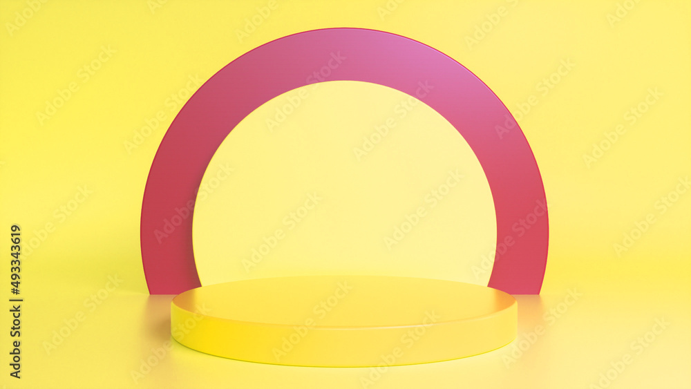 Yellow glossy podium, pedestal on yellow red background. Blank showcase mockup with empty round stage. Abstract geometry background. Stage for advertising product display with copy space. 3d render Yellow glossy podium, pedestal on yellow red background. Blank showcase mockup with empty round stage. Abstract geometry background. Stage for advertising product display with copy space. 3d render