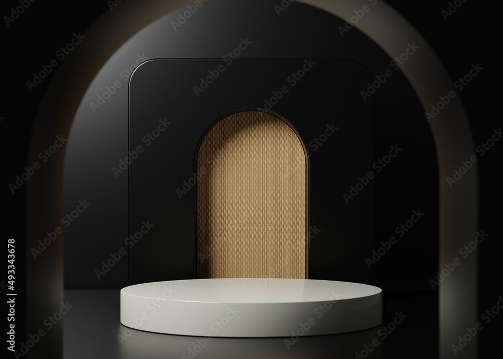 Minimal black podium for product showcase. Cylinder shape pedestal. Geometric background display. Empty stage. 3d render Minimal black podium for product showcase. Cylinder shape pedestal. Geometric background display. Empty stage. 3d render