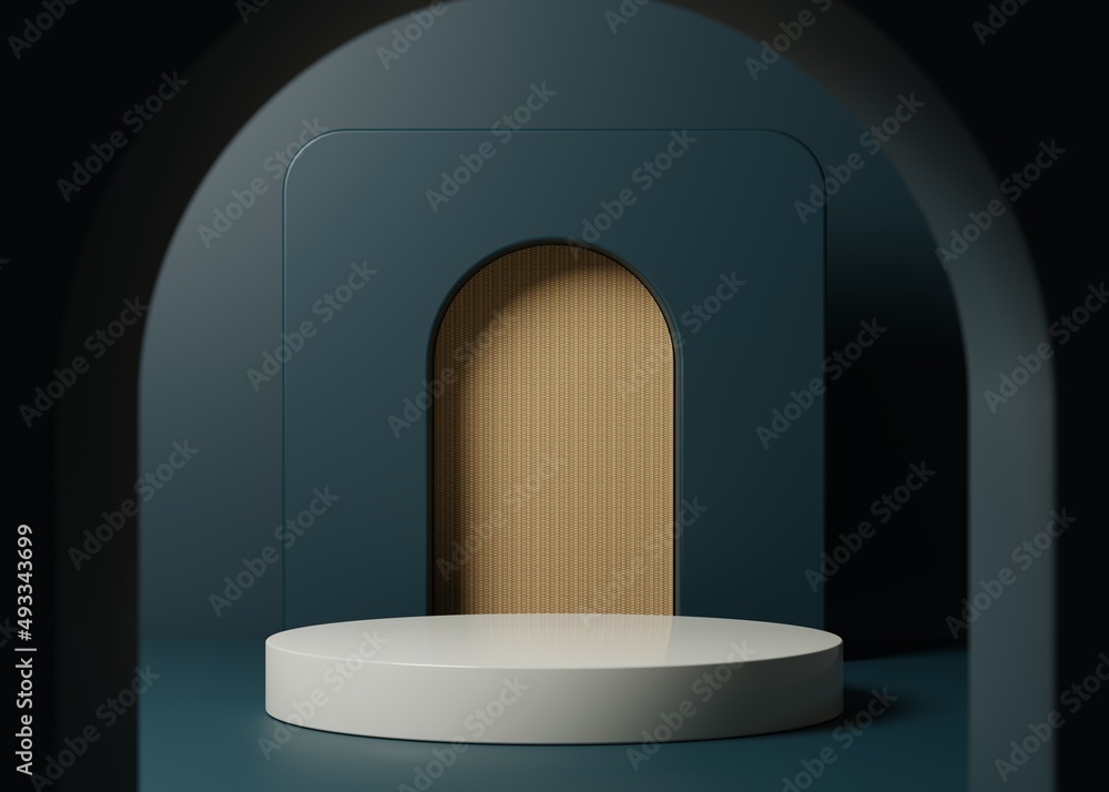 Modern blue podium for product showcase. Cylinder shape pedestal. Geometric background display. Empty stage. 3d render Modern blue podium for product showcase. Cylinder shape pedestal. Geometric background display. Empty stage. 3d render