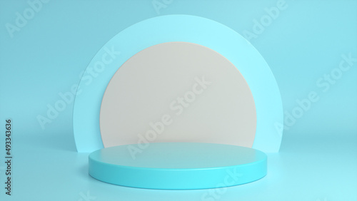 Blue glossy podium, pedestal on blue background. Blank showcase mockup with empty round stage. Abstract geometry background. Stage for advertising product display with copy space.3d render © MIKHAIL