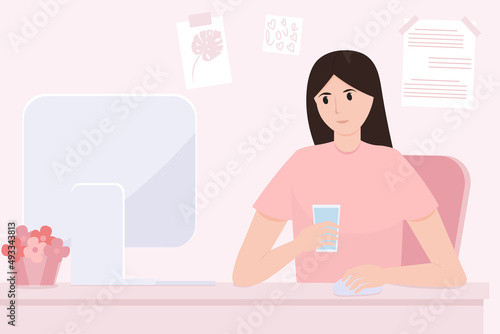 A young woman is sitting at a station computer and working. Cozy workplace. Remote work from home. The girl is studying. Flat vector illustration