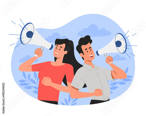 Social Media Marketing concept. Young man and woman with loudspeakers promote company and attract new customers, subscribers and users. Advertising or PR agency. Cartoon flat vector illustration